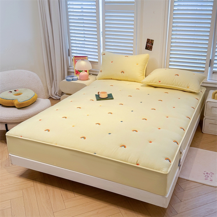 91家纺网 家纺一手货源 找家纺 糯米猪家纺 2025新款全棉纯棉彩虹刺绣款床笠单品床笠床笠单件 彩虹-鹅黄