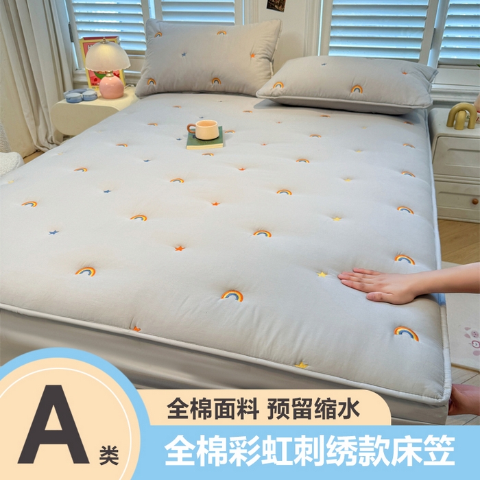 糯米猪家纺 2025新款全棉纯棉彩虹刺绣款床笠单品床笠床笠单件 彩虹-灰