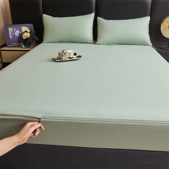 91家纺网 家纺一手货源 找家纺 糯米猪家纺 2025春夏新款亲肤棉六面全包防水压花床笠单件单床笠 静谧绿