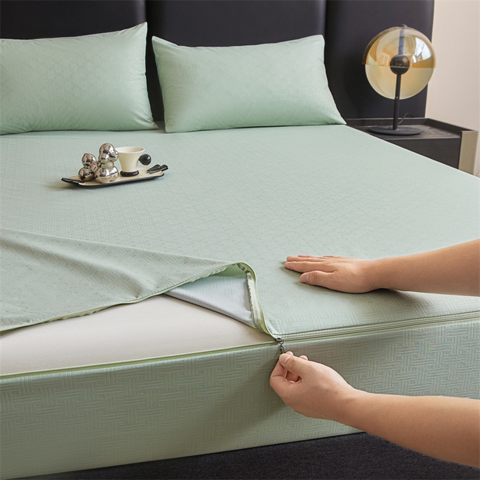 91家纺网 家纺一手货源 找家纺 糯米猪家纺 2025春夏新款亲肤棉六面全包防水压花床笠单件单床笠 静谧绿