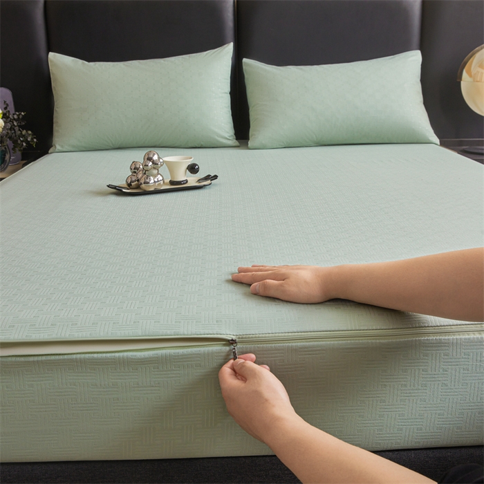 91家纺网 家纺一手货源 找家纺 糯米猪家纺 2025春夏新款亲肤棉六面全包防水压花床笠单件单床笠 静谧绿