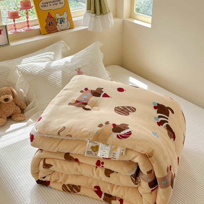 寐居家纺 2025新款牛奶绒+羊羔绒被子被芯 开心腊肠狗