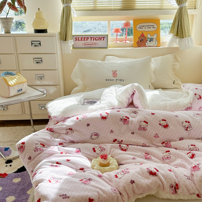 91家纺网 家纺一手货源 找家纺 寐居家纺 2025新款牛奶绒+羊羔绒被子被芯 甜心粉粉猫