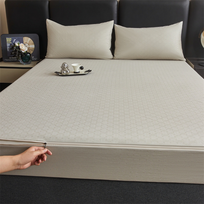 91家纺网 家纺一手货源 找家纺 糯米猪家纺 2025春夏新款亲肤棉六面全包防水压花床笠单件单床笠 浅卡其