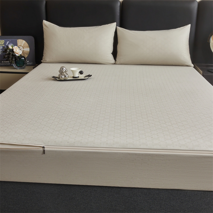 91家纺网 家纺一手货源 找家纺 糯米猪家纺 2025春夏新款亲肤棉六面全包防水压花床笠单件单床笠 浅卡其