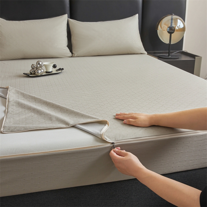 91家纺网 家纺一手货源 找家纺 糯米猪家纺 2025春夏新款亲肤棉六面全包防水压花床笠单件单床笠 浅卡其