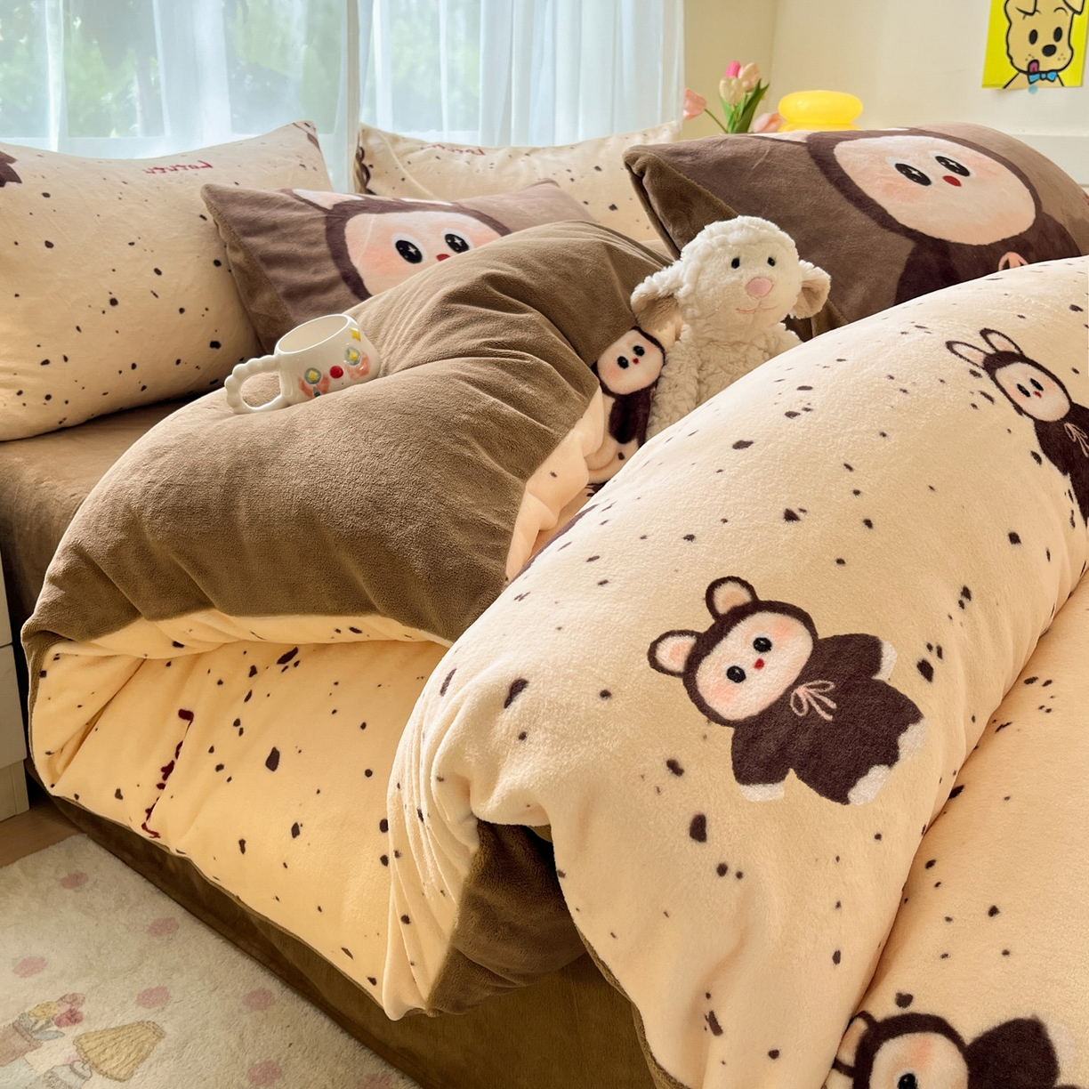 如一 2025新款高克重卡通印花牛奶绒四件套第二批 拉兔咖