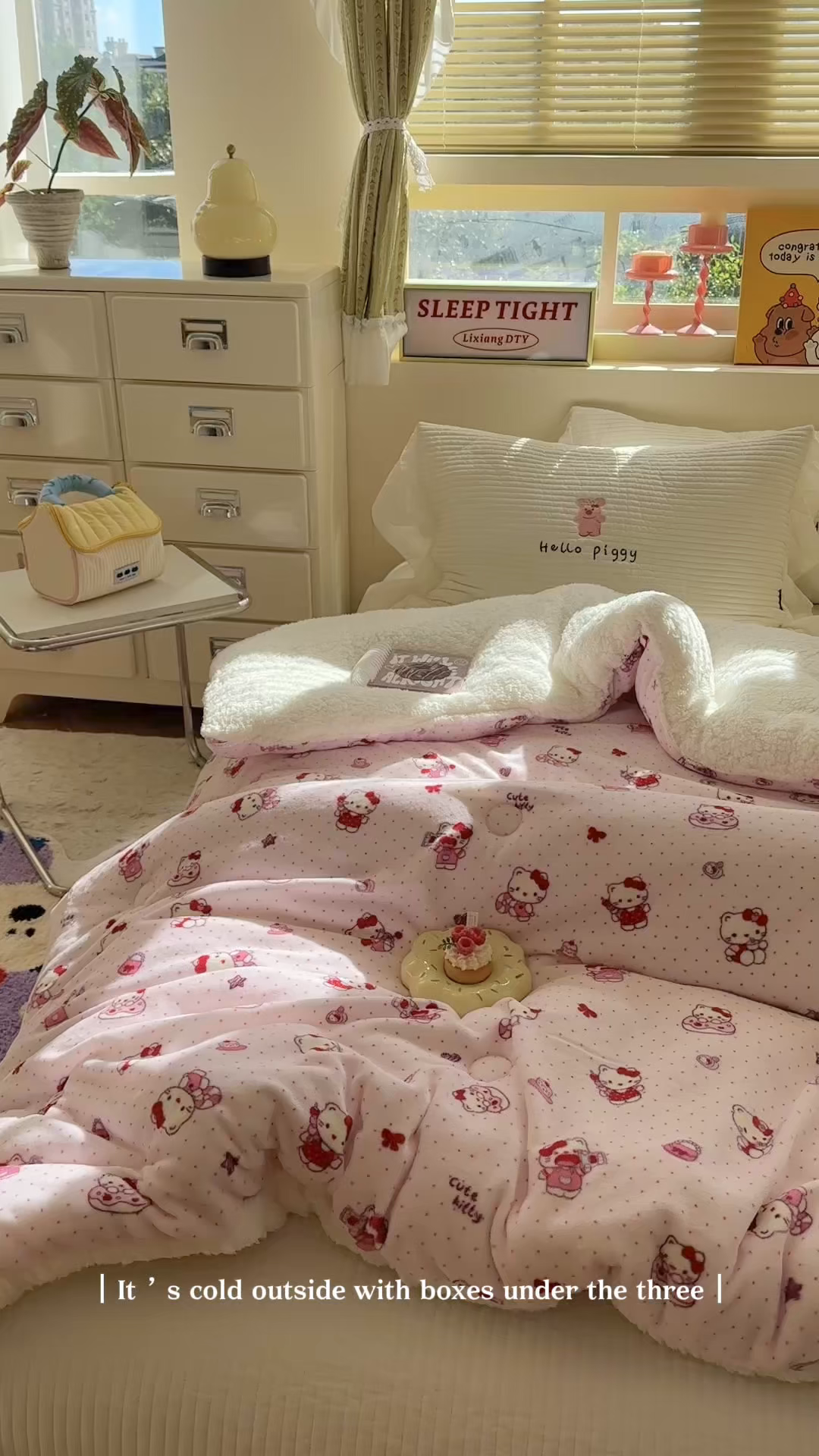 91家纺网 家纺一手货源 找家纺 寐居家纺 2025新款牛奶绒+羊羔绒被子被芯 甜心粉粉猫