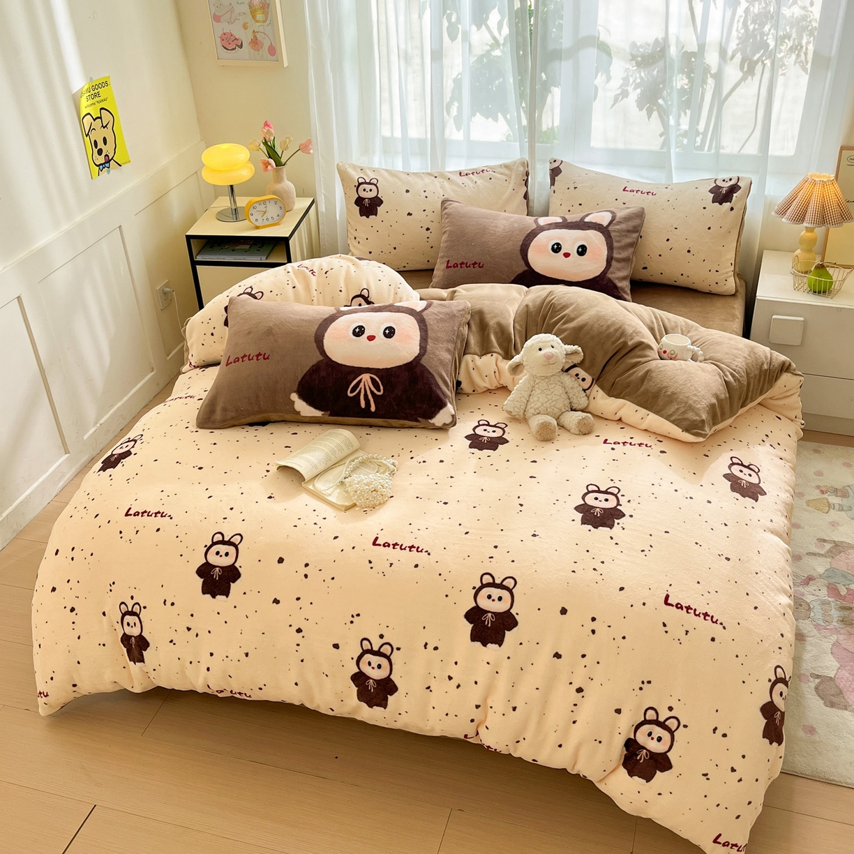 91家纺网 家纺一手货源 找家纺 如一 2025新款高克重卡通印花牛奶绒四件套第二批 拉兔咖