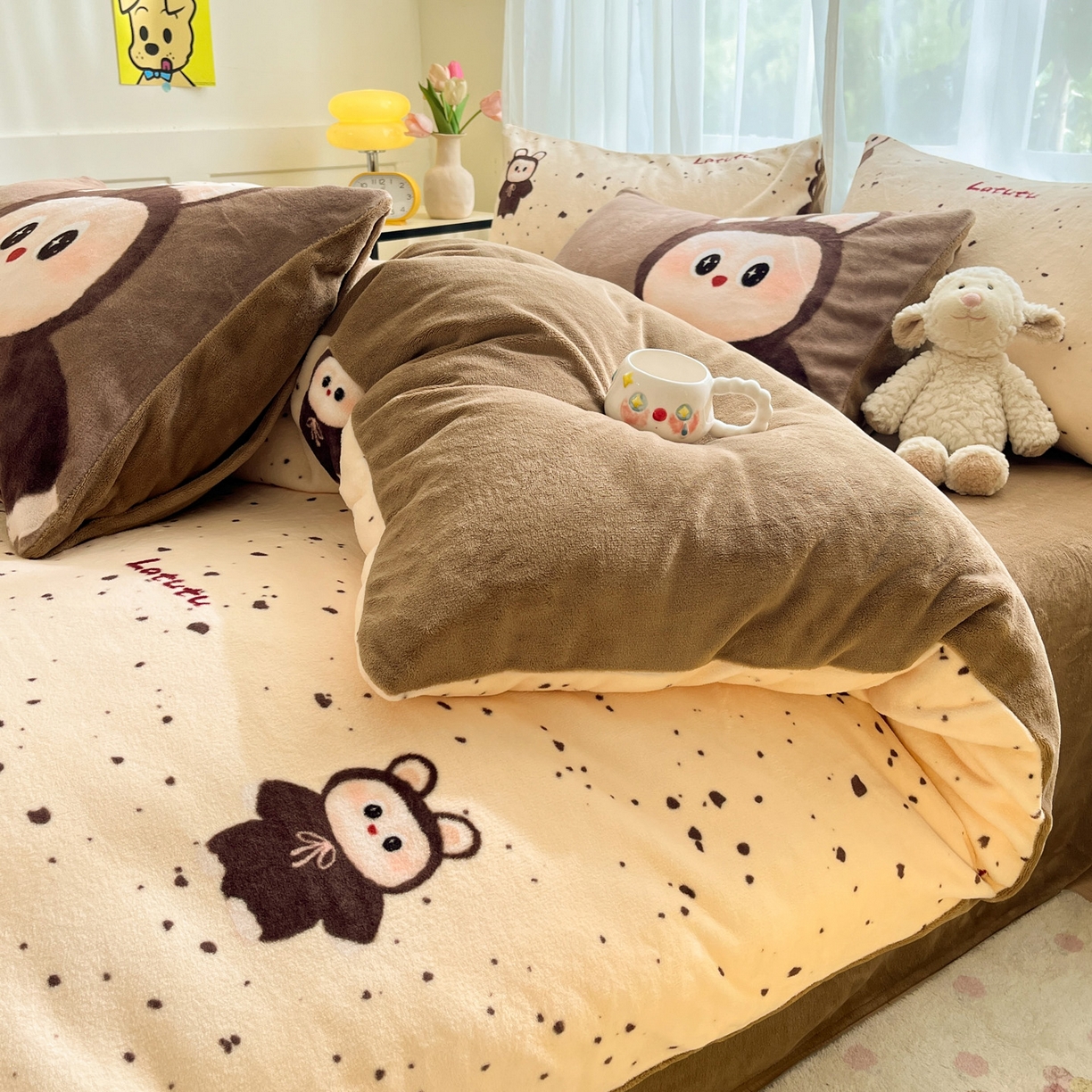 91家纺网 家纺一手货源 找家纺 如一 2025新款高克重卡通印花牛奶绒四件套第二批 拉兔咖