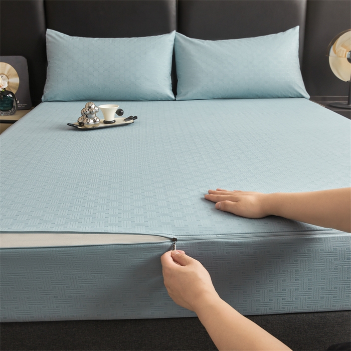 91家纺网 家纺一手货源 找家纺 糯米猪家纺 2025春夏新款亲肤棉六面全包防水压花床笠单件单床笠 水雾蓝