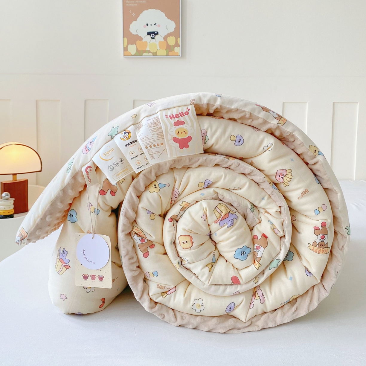 小叮当家纺仓储工厂店 2025新款A类母婴级全棉双层纱婴儿绒210g豆豆被20%大豆纤维单人双人被芯 爱豆熊