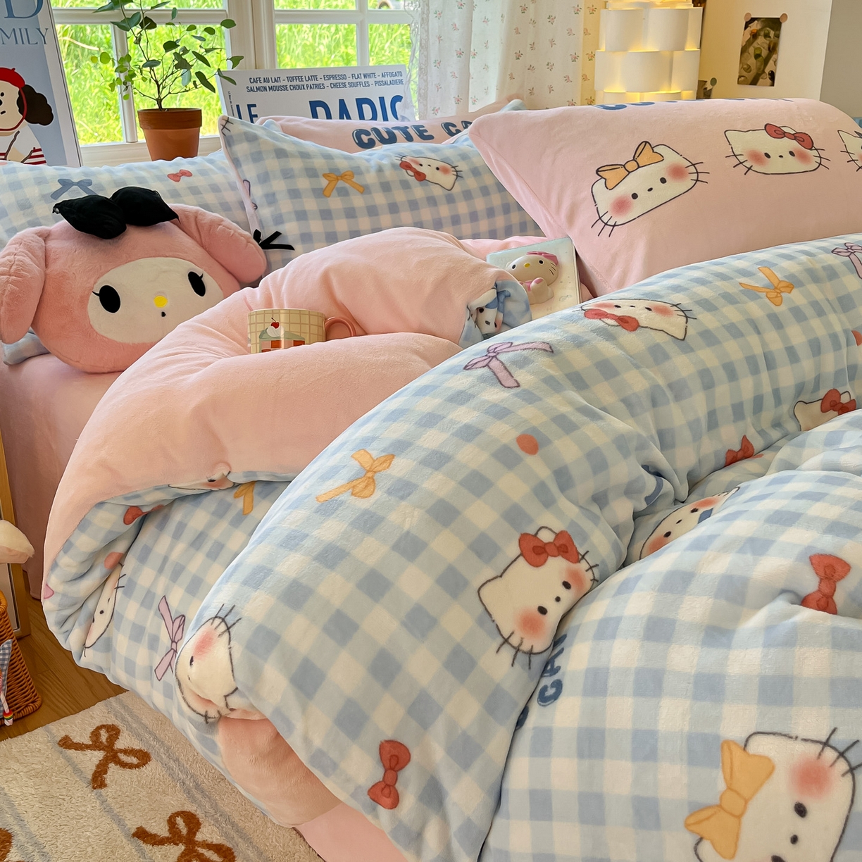 如一 2025新款高克重卡通印花牛奶绒四件套第二批 蓝粉猫