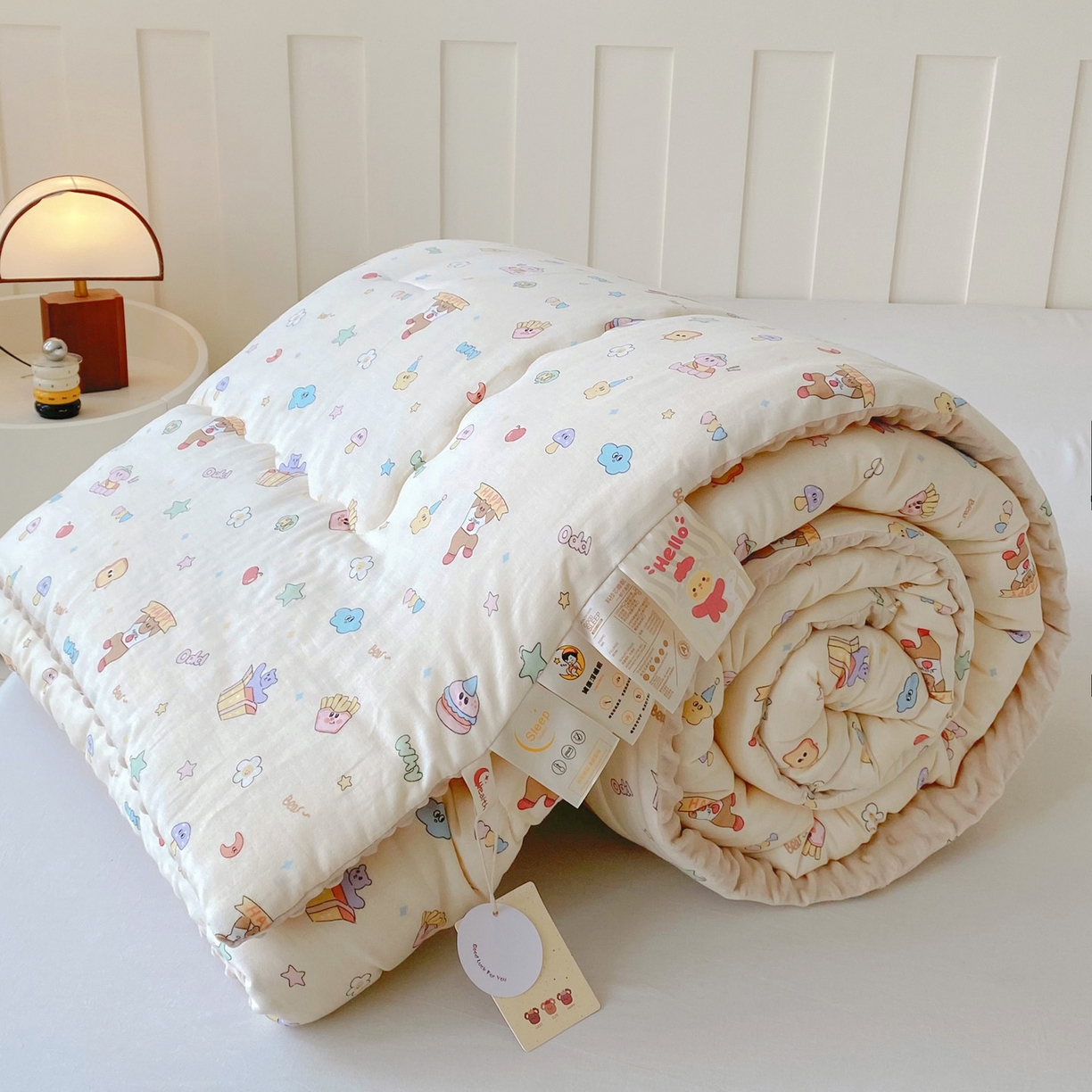 91家纺网 家纺一手货源 找家纺 小叮当家纺仓储工厂店 2025新款A类母婴级全棉双层纱婴儿绒210g豆豆被20%大豆纤维单人双人被芯 爱豆熊