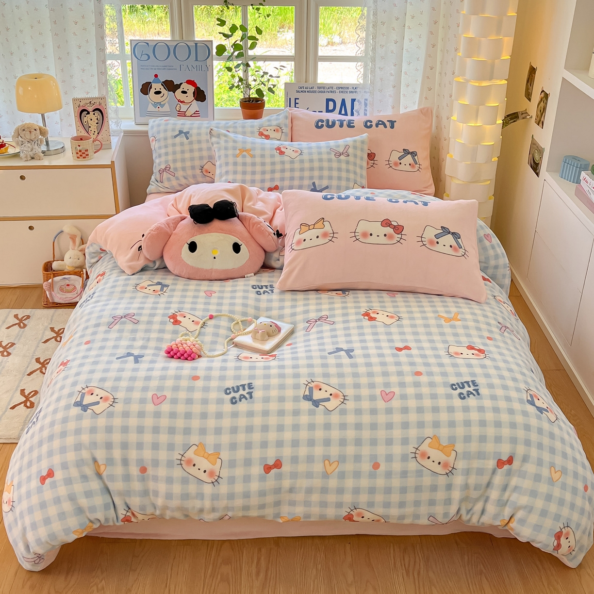 91家纺网 家纺一手货源 找家纺 如一 2025新款高克重卡通印花牛奶绒四件套第二批 蓝粉猫