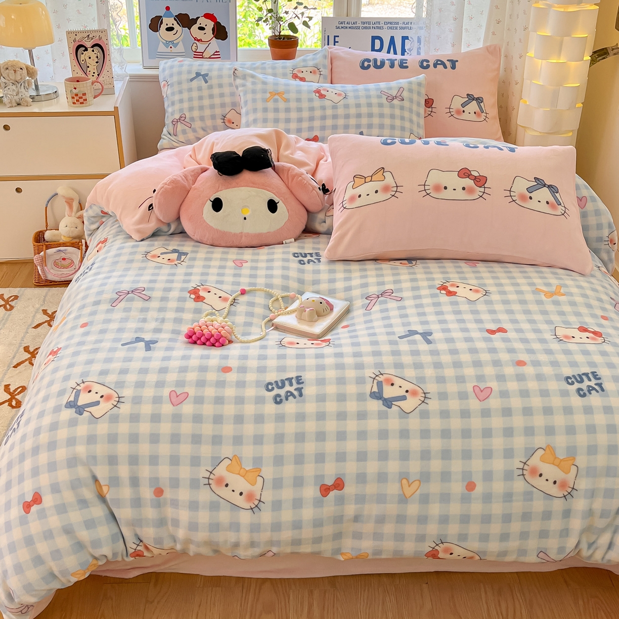 91家纺网 家纺一手货源 找家纺 如一 2025新款高克重卡通印花牛奶绒四件套第二批 蓝粉猫