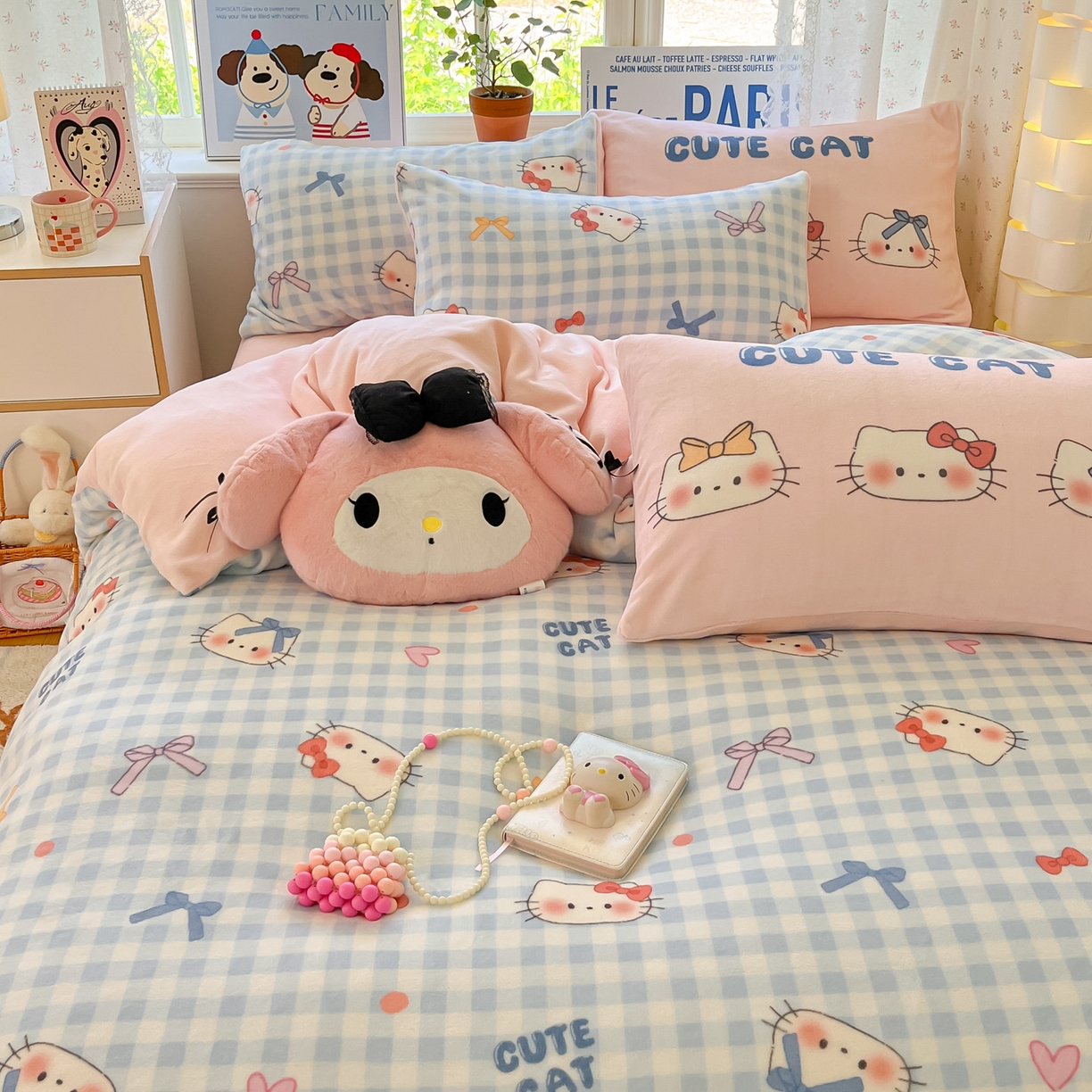 91家纺网 家纺一手货源 找家纺 如一 2025新款高克重卡通印花牛奶绒四件套第二批 蓝粉猫