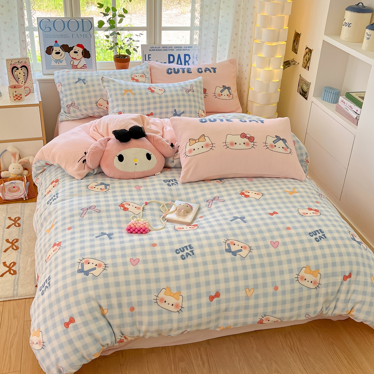 91家纺网 家纺一手货源 找家纺 如一 2025新款高克重卡通印花牛奶绒四件套第二批 蓝粉猫