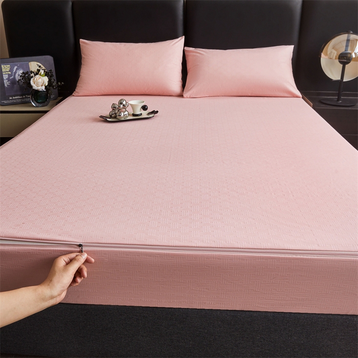 91家纺网 家纺一手货源 找家纺 糯米猪家纺 2025春夏新款亲肤棉六面全包防水压花床笠单件单床笠 樱花粉