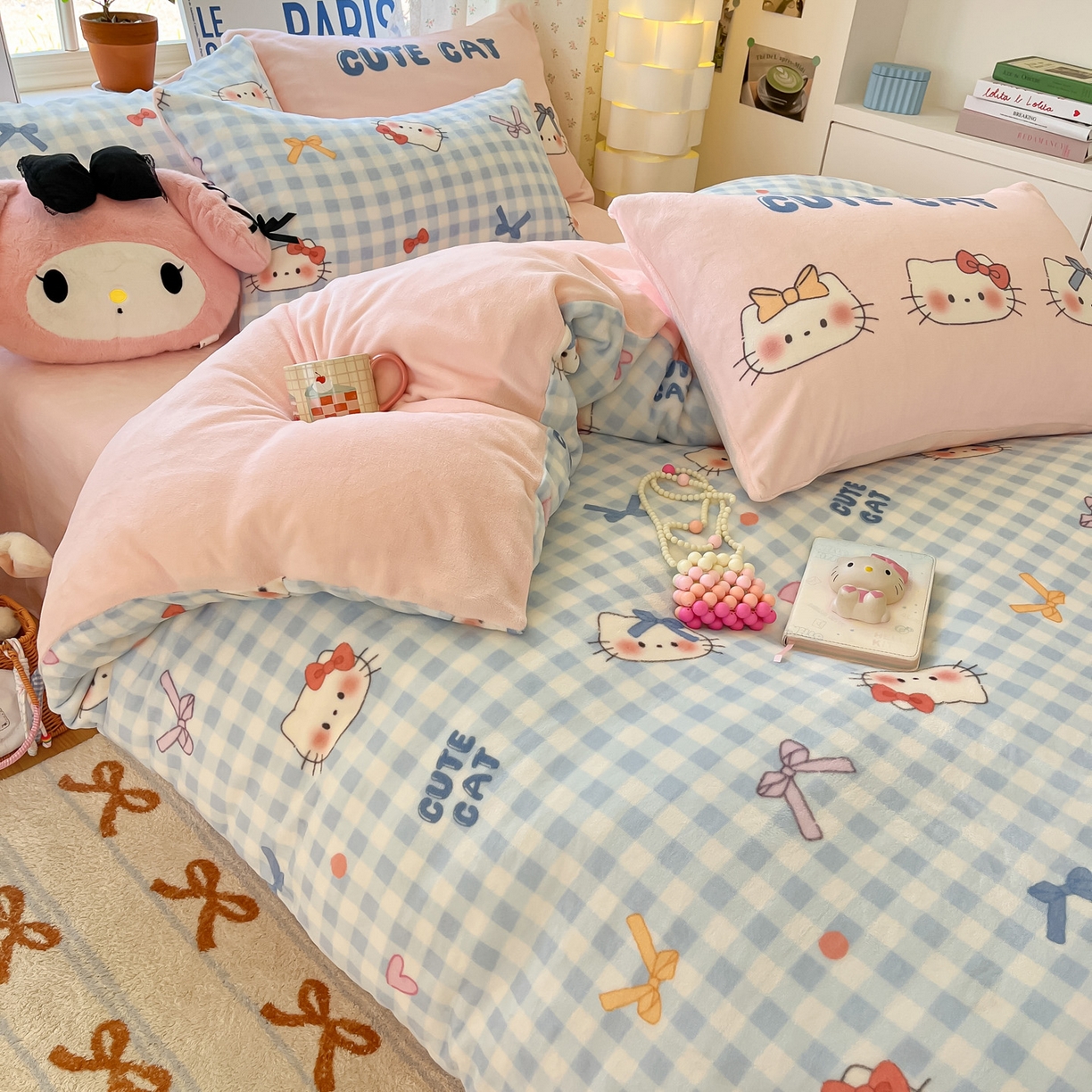 91家纺网 家纺一手货源 找家纺 如一 2025新款高克重卡通印花牛奶绒四件套第二批 蓝粉猫