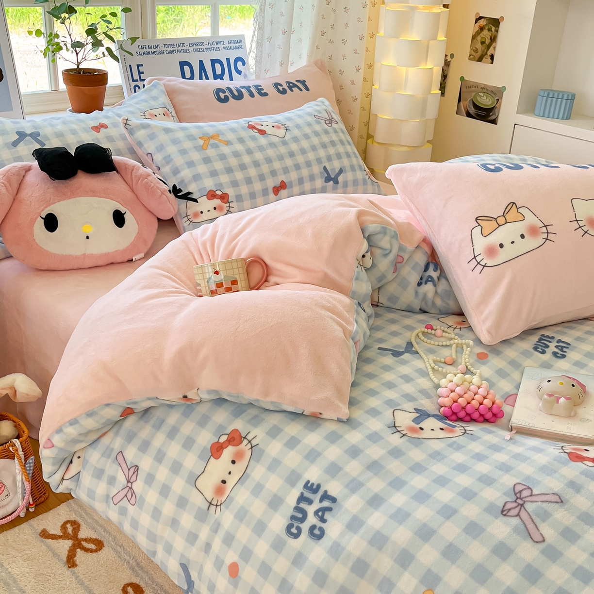 91家纺网 家纺一手货源 找家纺 如一 2025新款高克重卡通印花牛奶绒四件套第二批 蓝粉猫