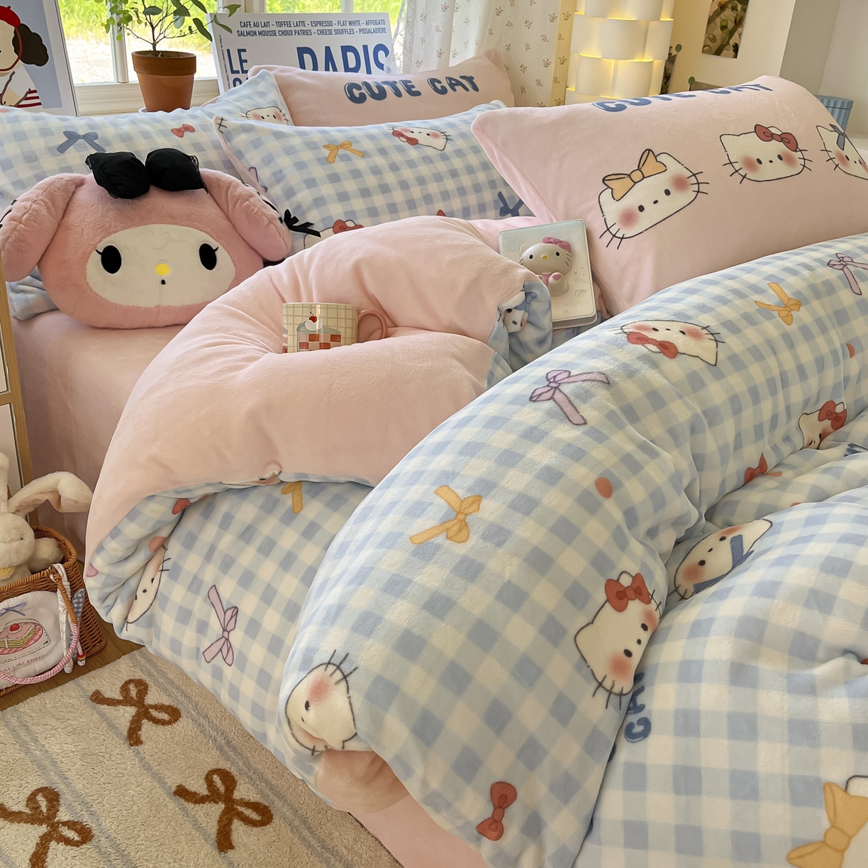 91家纺网 家纺一手货源 找家纺 如一 2025新款高克重卡通印花牛奶绒四件套第二批 蓝粉猫