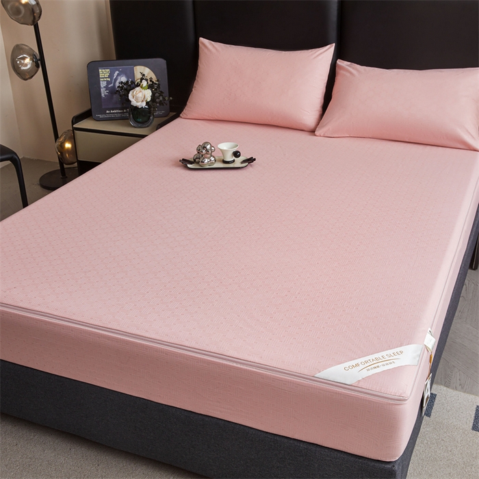 91家纺网 家纺一手货源 找家纺 糯米猪家纺 2025春夏新款亲肤棉六面全包防水压花床笠单件单床笠 樱花粉