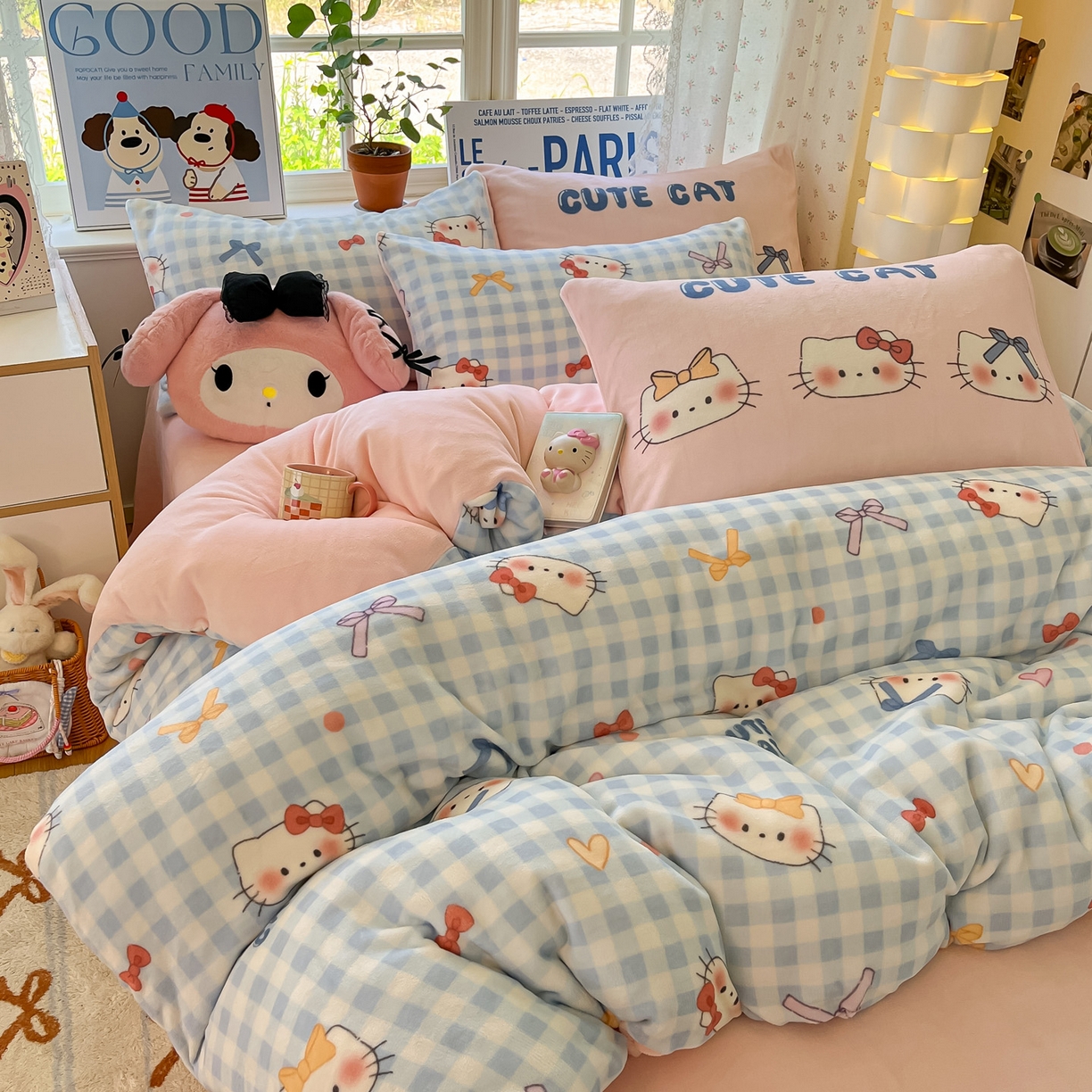 91家纺网 家纺一手货源 找家纺 如一 2025新款高克重卡通印花牛奶绒四件套第二批 蓝粉猫