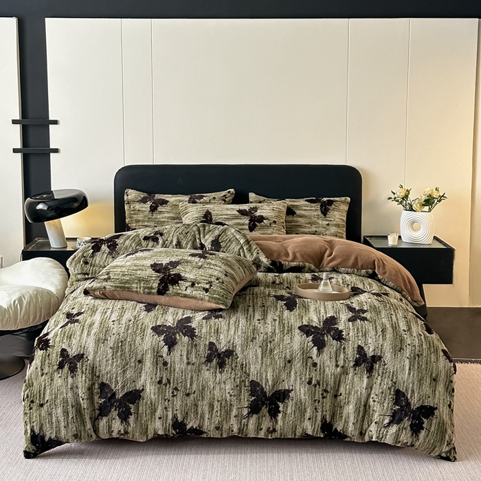 91家纺网 家纺一手货源 找家纺 居易简 2025新款亲肤保暖皮草绒牛奶绒AB面美拉德抽条兔毛绒四件套 优雅蝴蝶