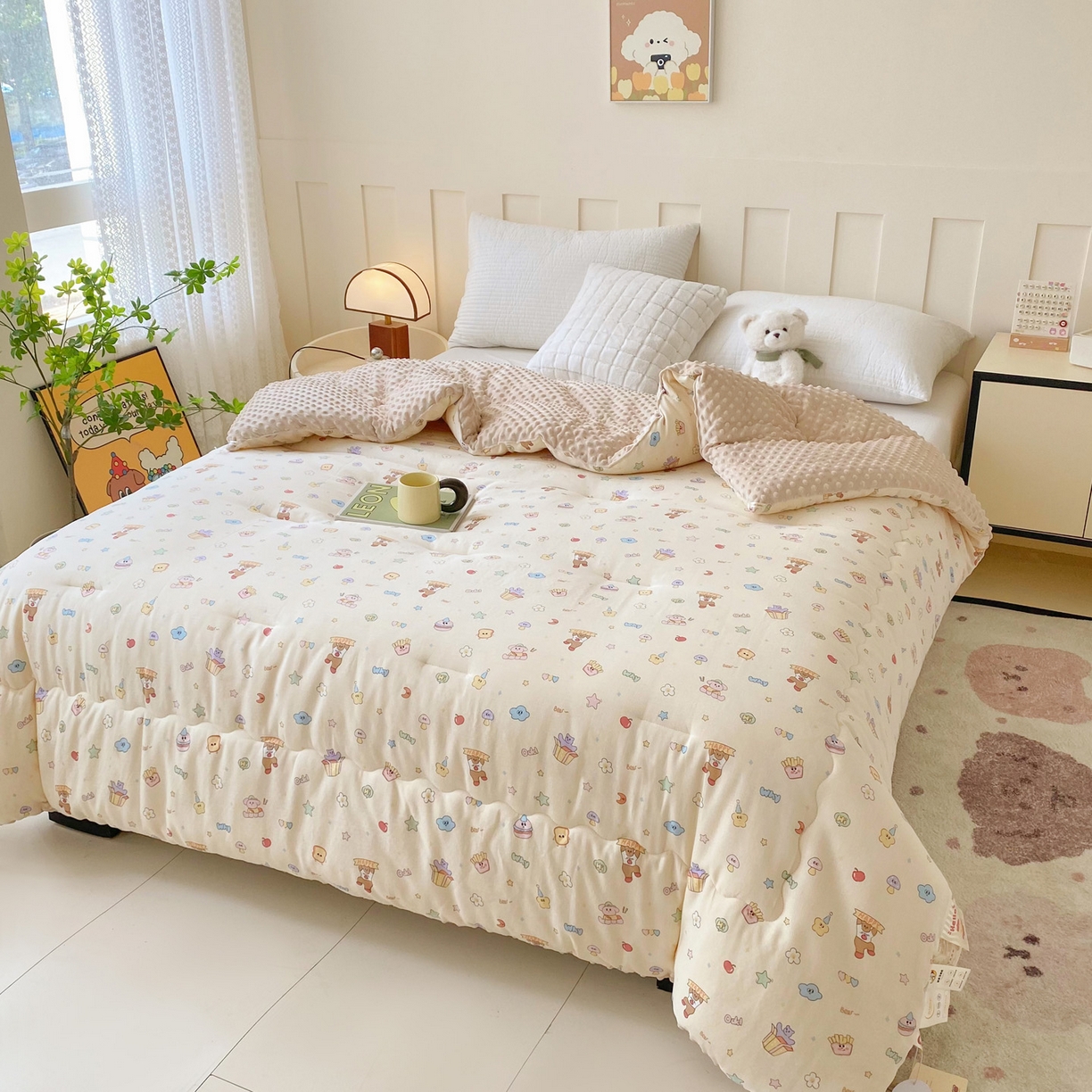 91家纺网 家纺一手货源 找家纺 小叮当家纺仓储工厂店 2025新款A类母婴级全棉双层纱婴儿绒210g豆豆被20%大豆纤维单人双人被芯 爱豆熊