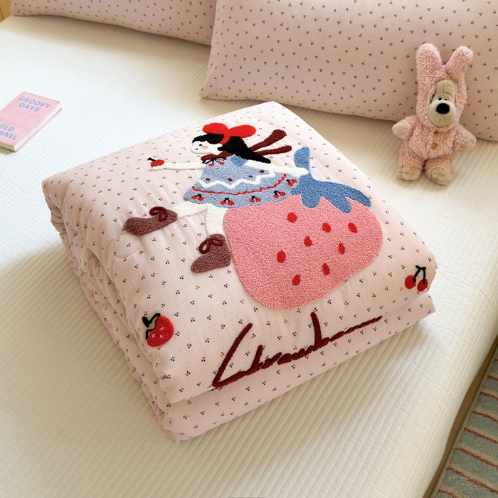 寐居家纺 2025新款全棉水洗棉豆豆绒被芯被子 草莓女孩