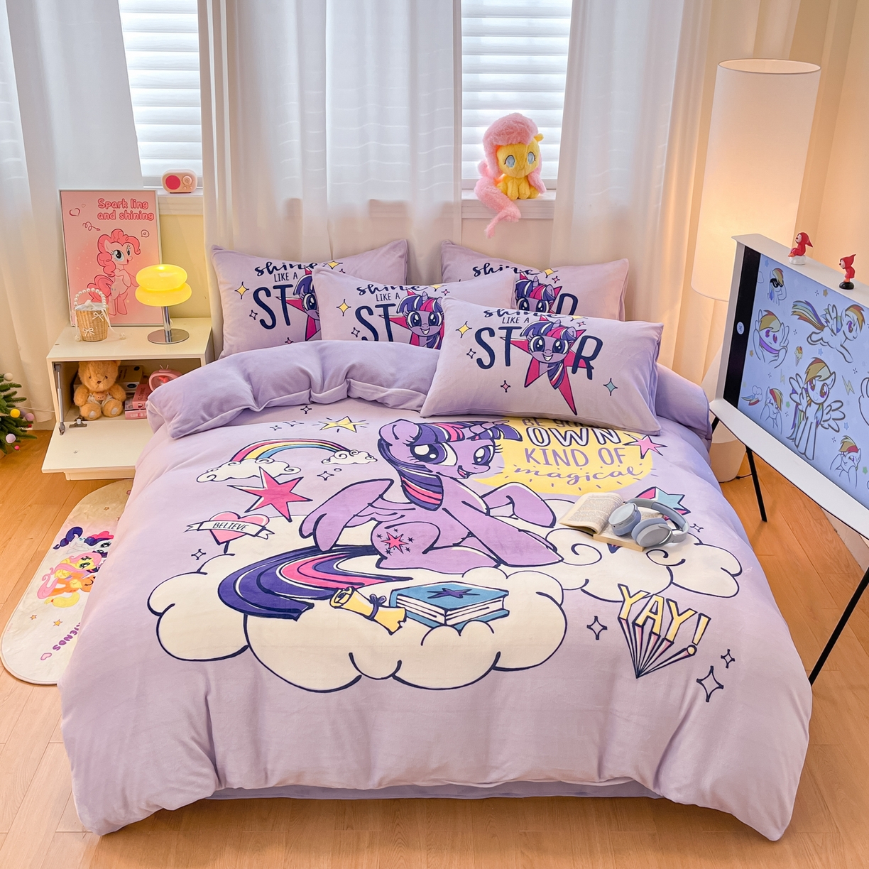 金爱家 2025新款正版小马宝莉授权大版卡通平网数码印花加厚高克重牛奶绒系列四件套 绒大版-闪亮紫悦