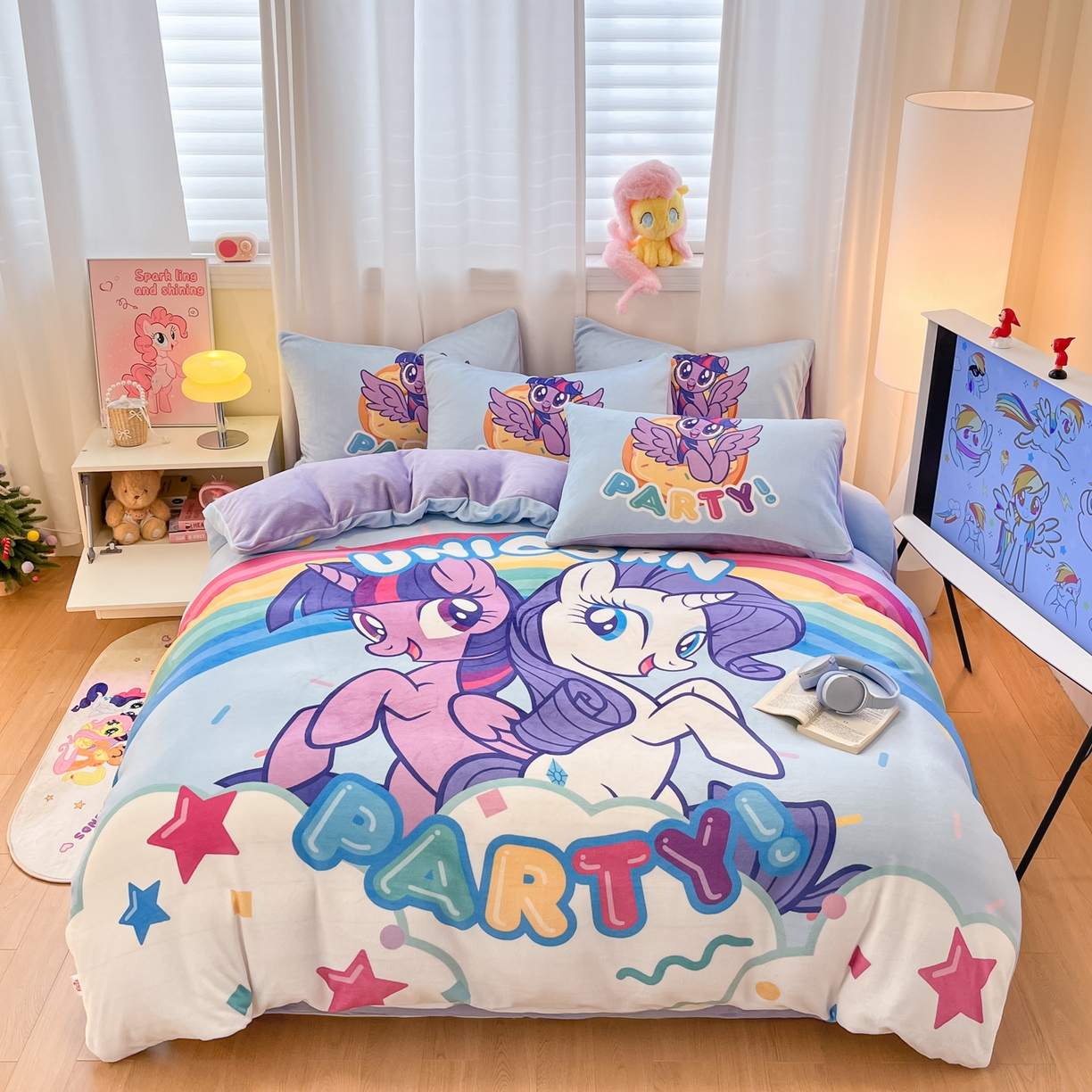 金爱家 2025新款正版小马宝莉授权大版卡通平网数码印花加厚高克重牛奶绒系列四件套 绒大版-派对时刻