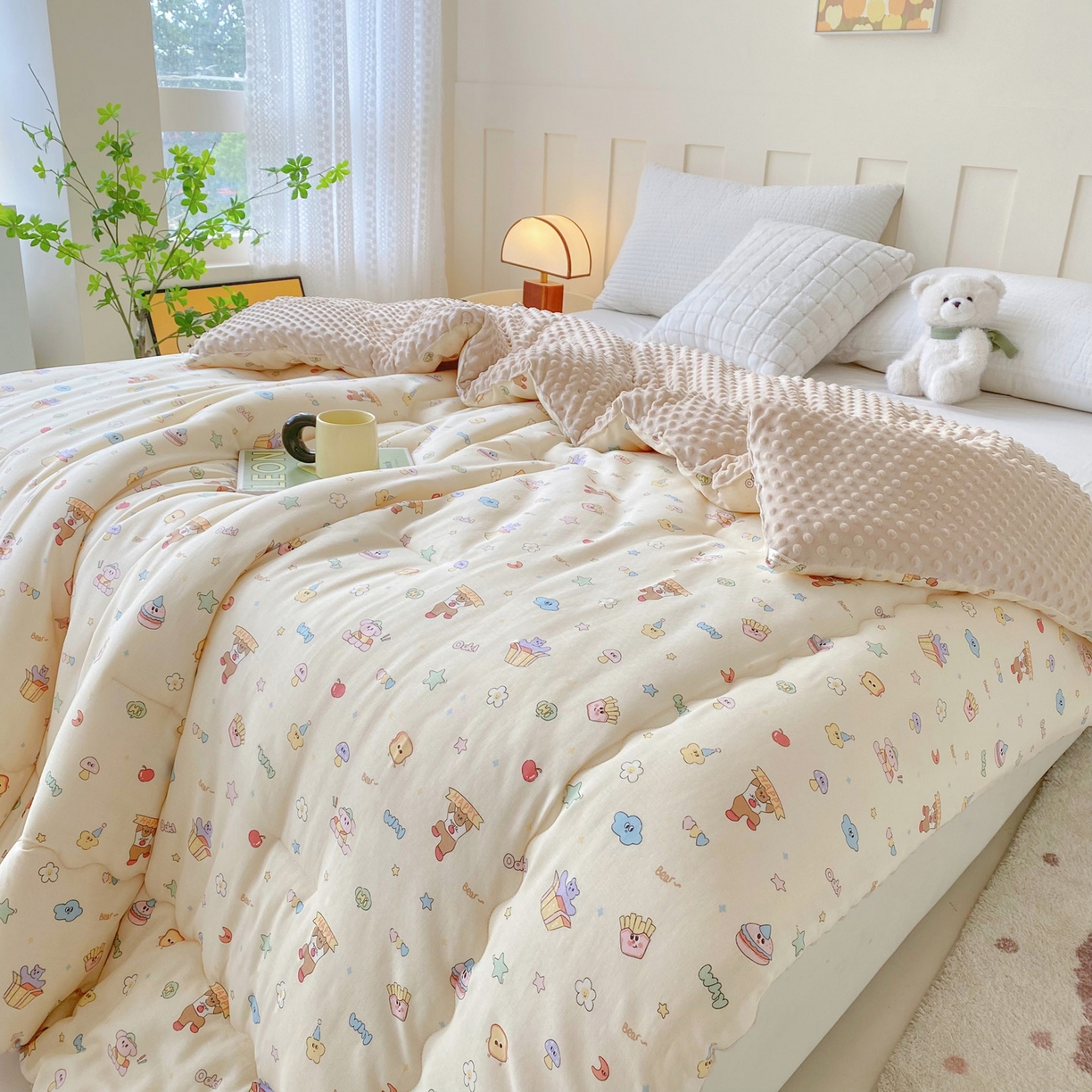 91家纺网 家纺一手货源 找家纺 小叮当家纺仓储工厂店 2025新款A类母婴级全棉双层纱婴儿绒210g豆豆被20%大豆纤维单人双人被芯 爱豆熊