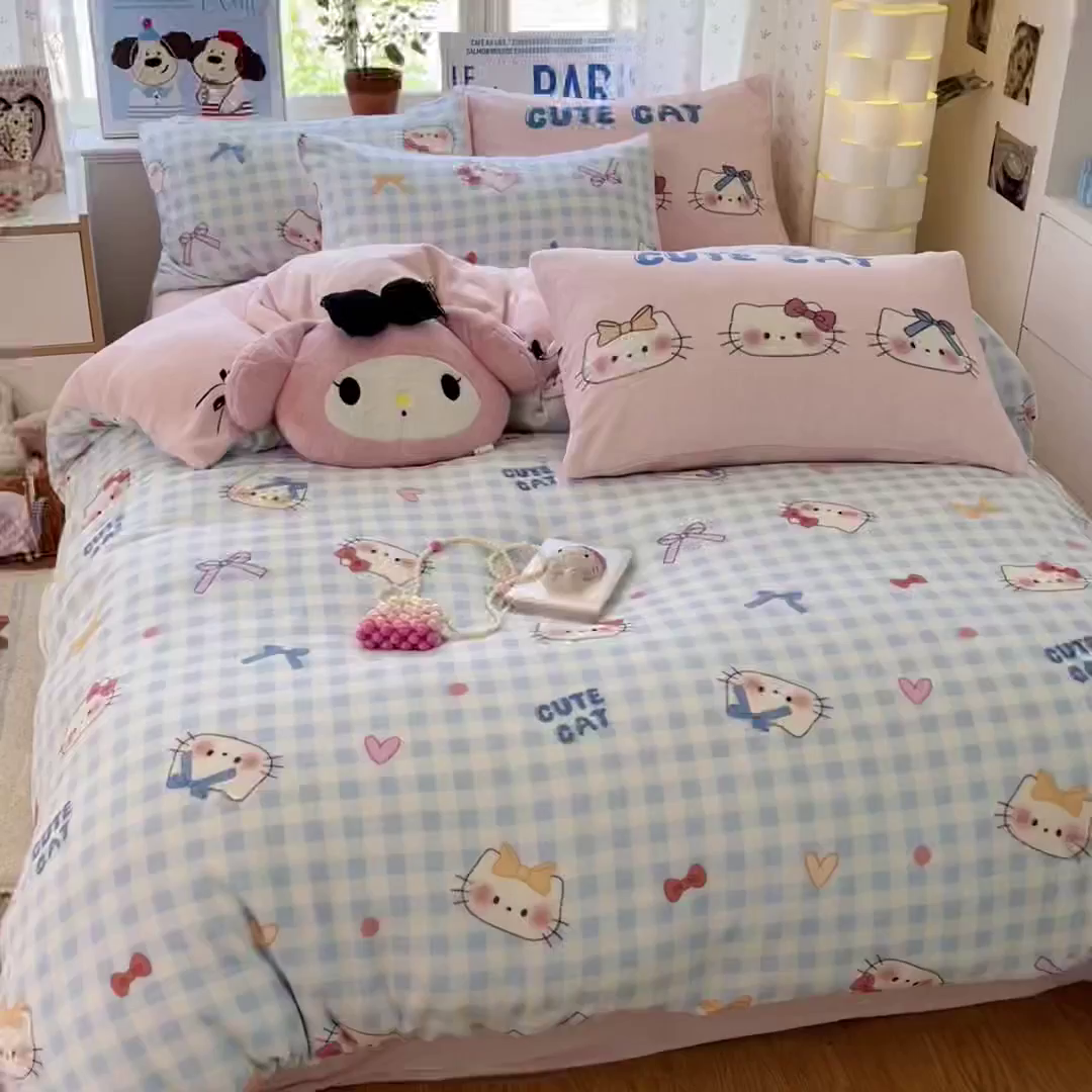 91家纺网 家纺一手货源 找家纺 如一 2025新款高克重卡通印花牛奶绒四件套第二批 蓝粉猫