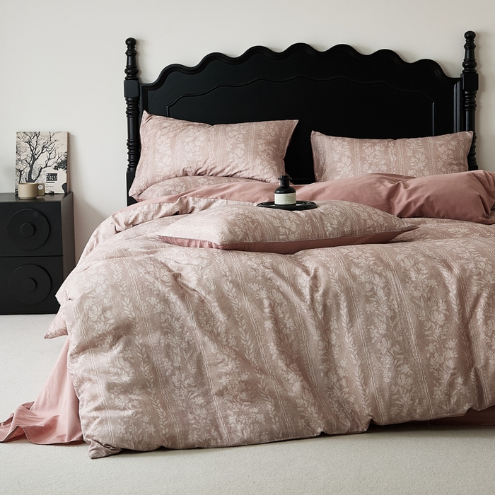 禾时 2025新款全棉纯棉双层纱印花四件套-暗合 浮香-粉