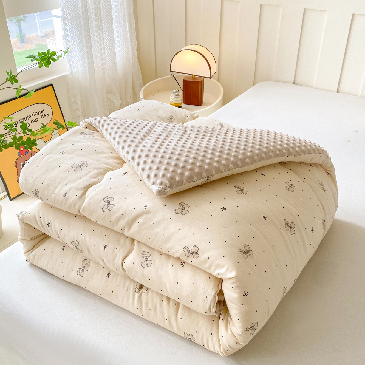 91家纺网 家纺一手货源 找家纺 小叮当家纺仓储工厂店 2025新款A类母婴级全棉双层纱婴儿绒210g豆豆被20%大豆纤维单人双人被芯 芭蕾