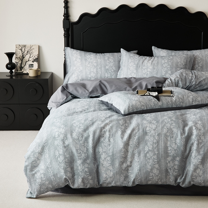 91家纺网 家纺一手货源 找家纺 禾时 2025新款全棉纯棉双层纱印花四件套-暗合 浮香-蓝