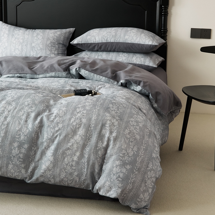 91家纺网 家纺一手货源 找家纺 禾时 2025新款全棉纯棉双层纱印花四件套-暗合 浮香-蓝