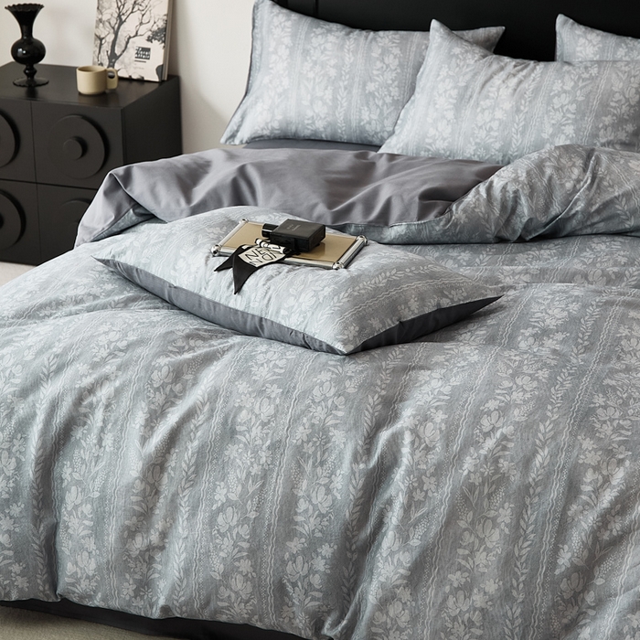 91家纺网 家纺一手货源 找家纺 禾时 2025新款全棉纯棉双层纱印花四件套-暗合 浮香-蓝