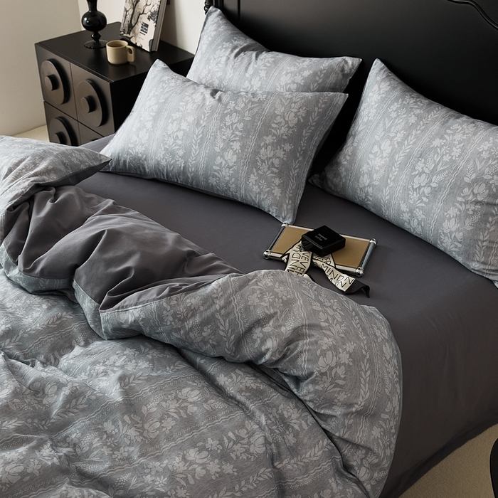 91家纺网 家纺一手货源 找家纺 禾时 2025新款全棉纯棉双层纱印花四件套-暗合 浮香-蓝