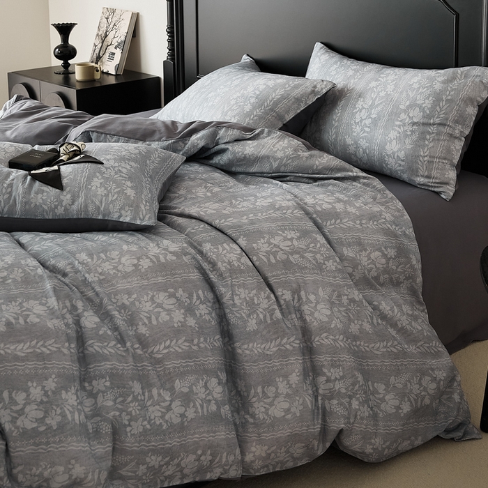 91家纺网 家纺一手货源 找家纺 禾时 2025新款全棉纯棉双层纱印花四件套-暗合 浮香-蓝