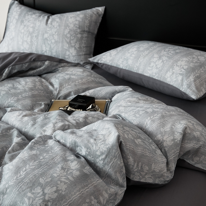 91家纺网 家纺一手货源 找家纺 禾时 2025新款全棉纯棉双层纱印花四件套-暗合 浮香-蓝