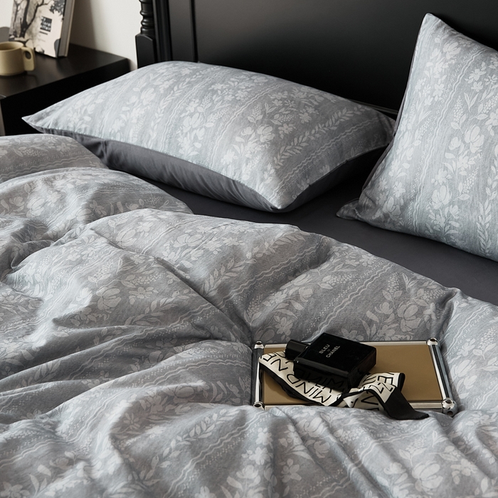 91家纺网 家纺一手货源 找家纺 禾时 2025新款全棉纯棉双层纱印花四件套-暗合 浮香-蓝