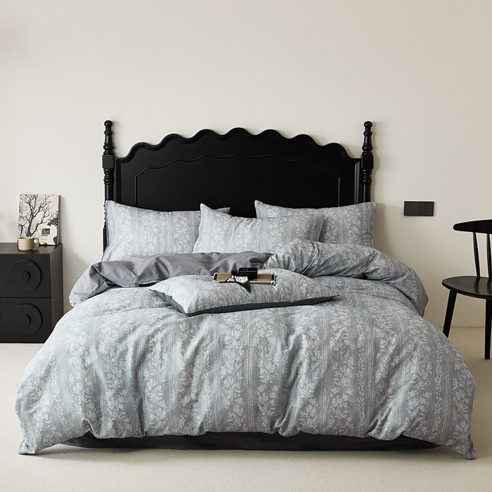 91家纺网 家纺一手货源 找家纺 禾时 2025新款全棉纯棉双层纱印花四件套-暗合 浮香-蓝