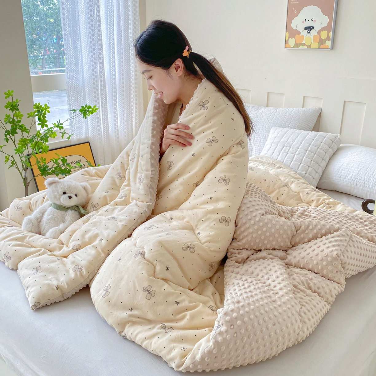 91家纺网 家纺一手货源 找家纺 小叮当家纺仓储工厂店 2025新款A类母婴级全棉双层纱婴儿绒210g豆豆被20%大豆纤维单人双人被芯 芭蕾