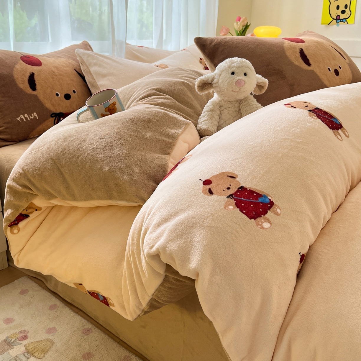 如一 2025新款高克重卡通印花牛奶绒四件套第二批 苹果熊