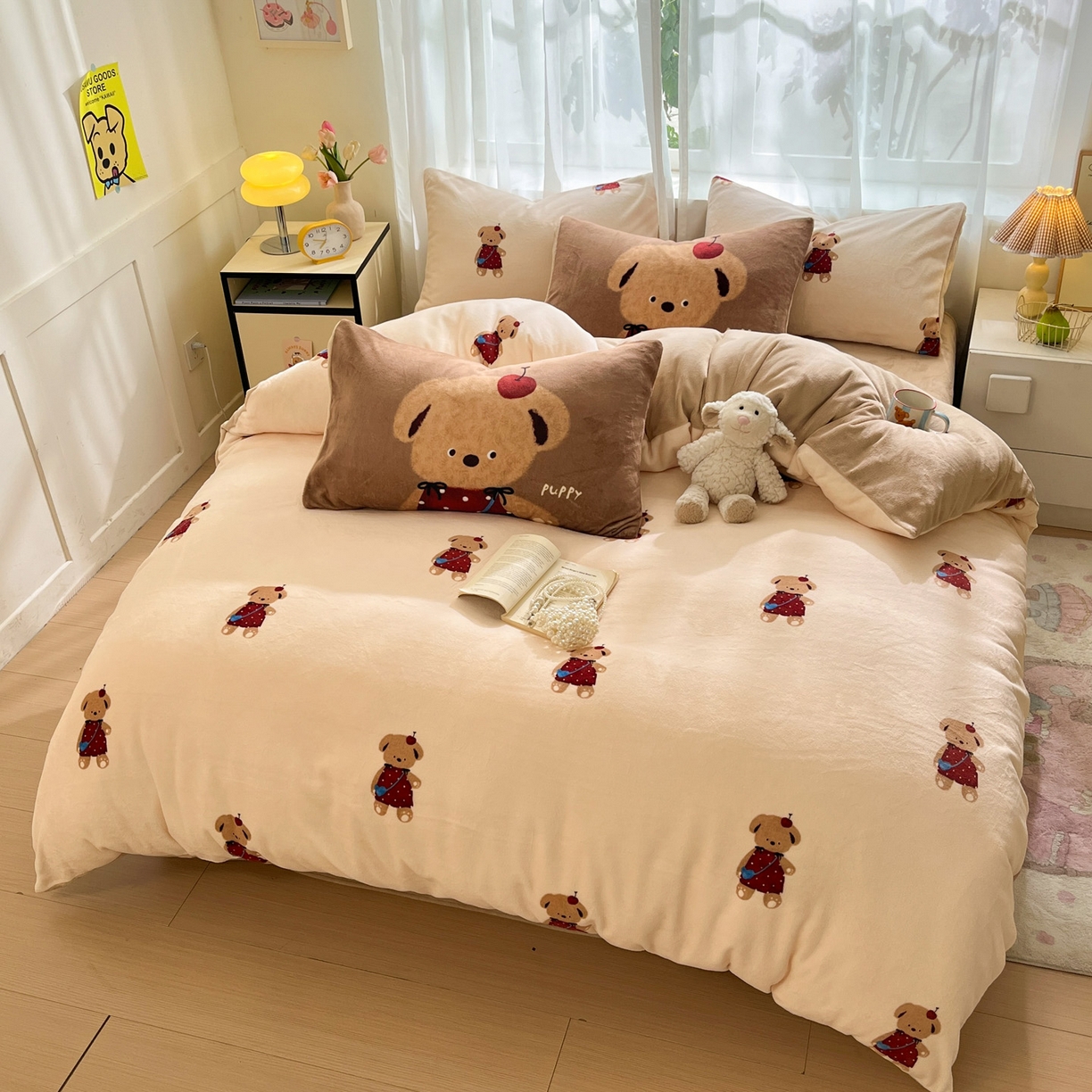 91家纺网 家纺一手货源 找家纺 如一 2025新款高克重卡通印花牛奶绒四件套第二批 苹果熊