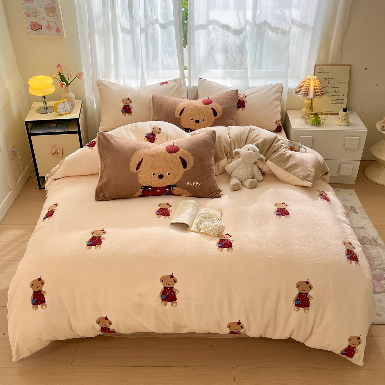 91家纺网 家纺一手货源 找家纺 如一 2025新款高克重卡通印花牛奶绒四件套第二批 苹果熊