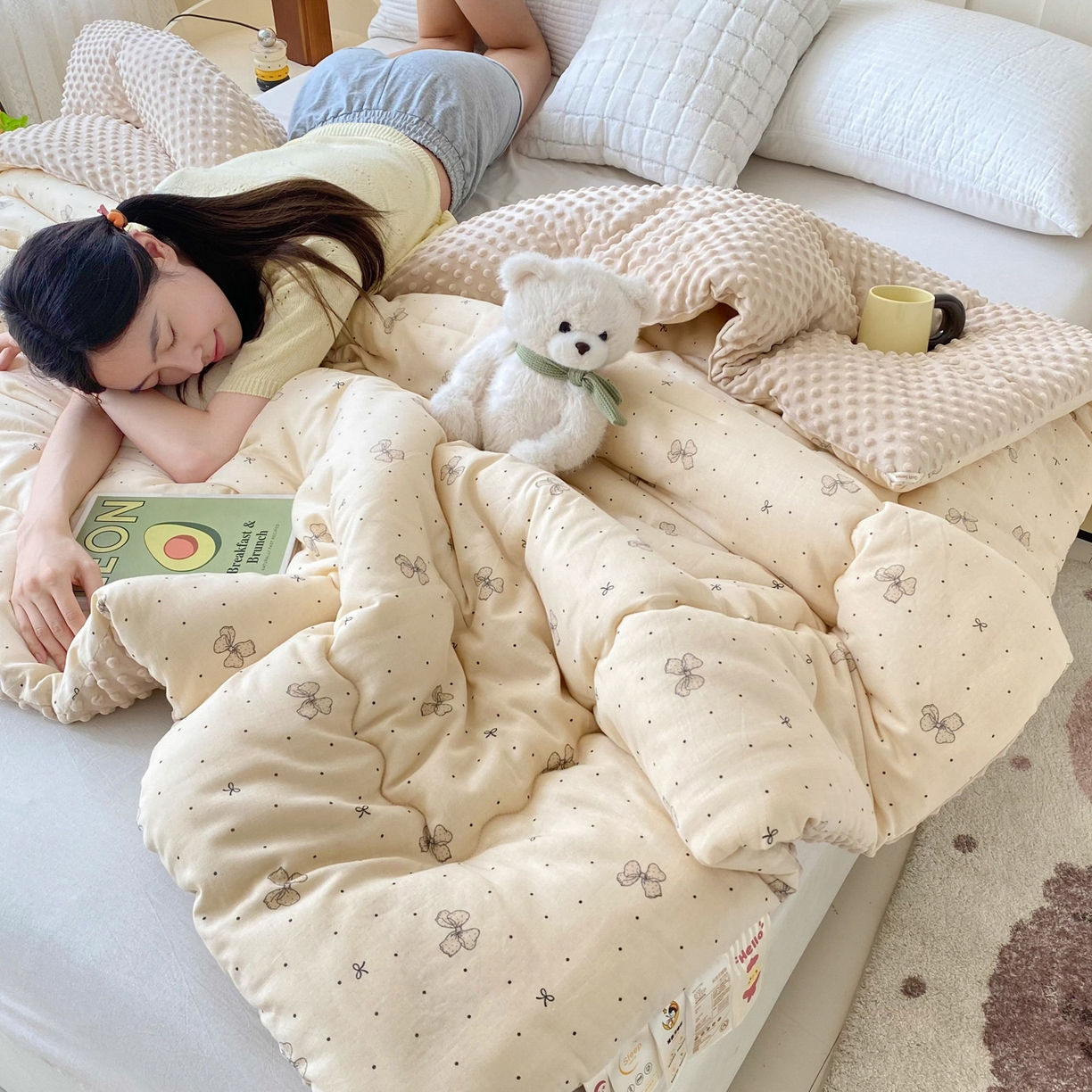 91家纺网 家纺一手货源 找家纺 小叮当家纺仓储工厂店 2025新款A类母婴级全棉双层纱婴儿绒210g豆豆被20%大豆纤维单人双人被芯 芭蕾